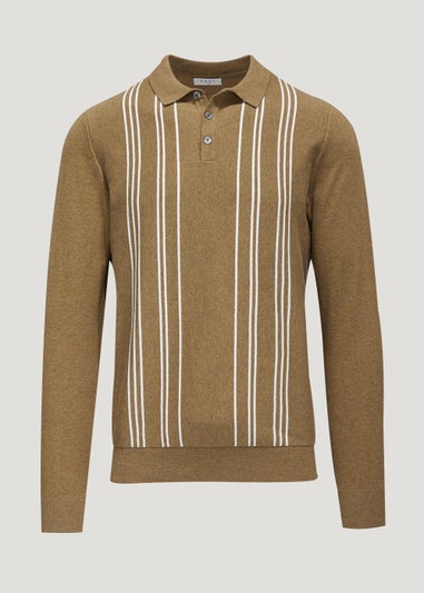 Tan Stripe Long Sleeve Polo Shirt