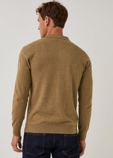 Tan Stripe Long Sleeve Polo Shirt