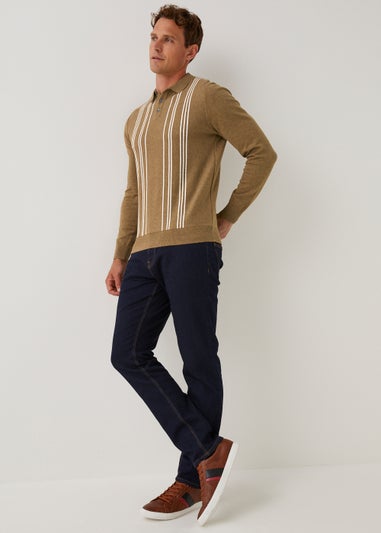 Tan Stripe Long Sleeve Polo Shirt