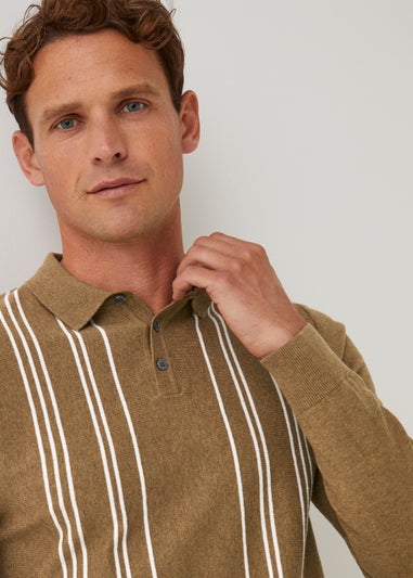 Tan Stripe Long Sleeve Polo Shirt