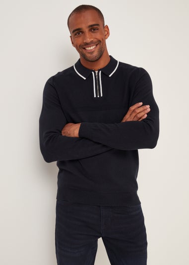 Navy Long Sleeve Zip Polo Shirt