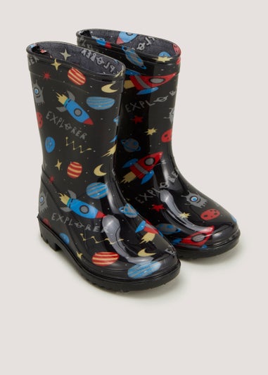 Boys Black Space Wellies Younger 4 12