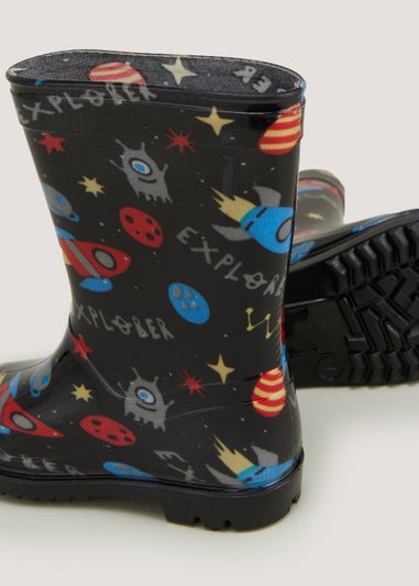 Boys Black Space Wellies (Younger 4-12)