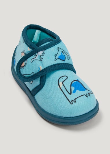 Boys Teal Dinosaur Full Slippers (Younger 4-12)