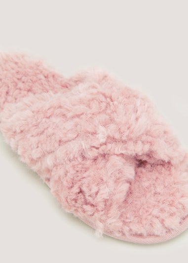 Pink Fluffy Cross Strap Slippers