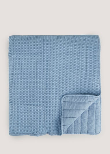 Blue Ribbed Waffle Bedspread (220cm x 220cm)