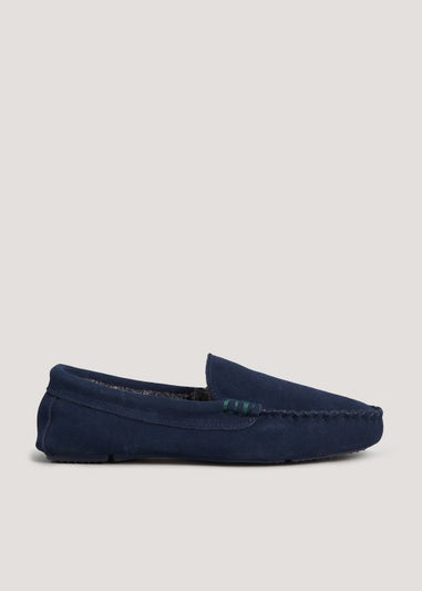 Navy Suede Moccasin Slippers