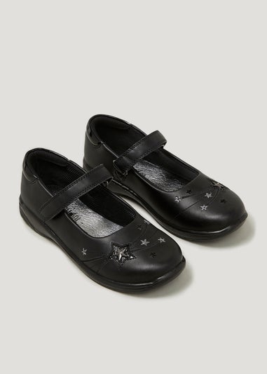 Girls Black Coated Leather Star School Shoes (Younger 8-Older 3)