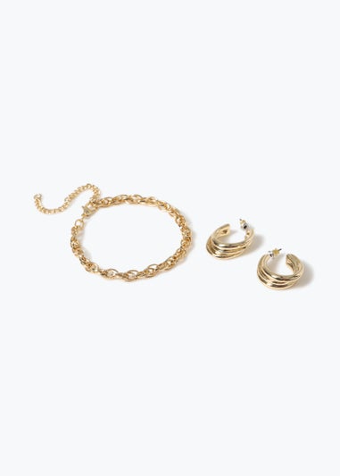 Gold Twist Necklace & Hoop Earrings Set