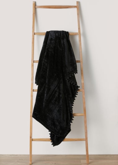 Black Pom Pom Fleece Throw (130cm x 150cm)