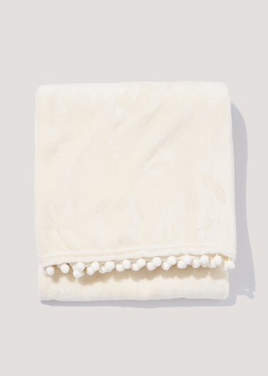 Cream Pom Pom Fleece Throw (130cm x 150cm)