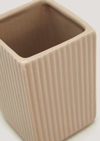 Beige Ridged Square Ceramic Bathroom Tumbler (11cm x 7cm x 7cm)