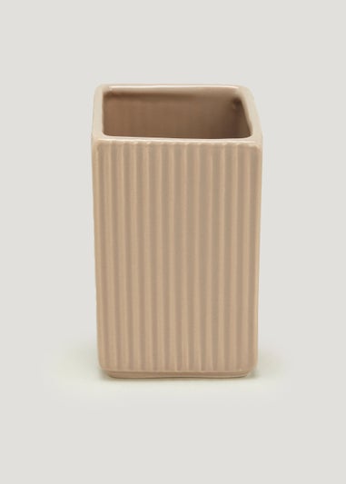 Beige Ridged Square Ceramic Bathroom Tumbler (11cm x 7cm x 7cm)