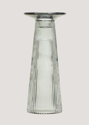 Grey Ribbed Glass Candle Holder (16cm)