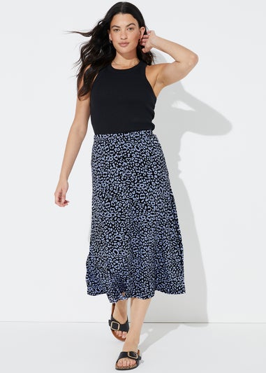 Blue Leopard Print Midi Skirt