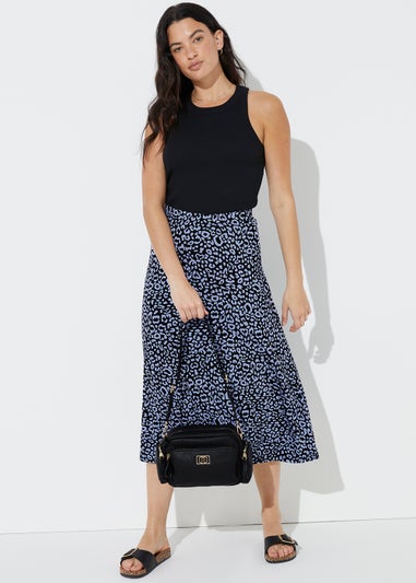 Blue Leopard Print Midi Skirt