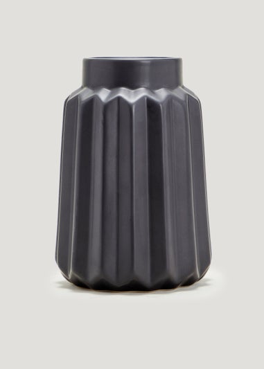 Black Ribbed Ceramic Vase (14cm x 14cm x 20cm)