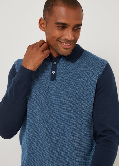 Blue & Navy Long Sleeved Textured Polo Shirt