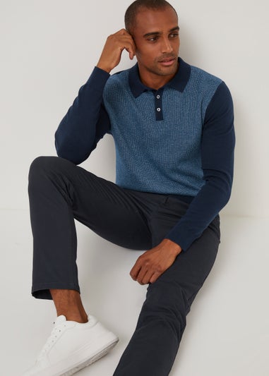 Blue & Navy Long Sleeved Textured Polo Shirt