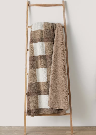 Beige Check Sherpa Fleece Throw (150cm x 180cm)