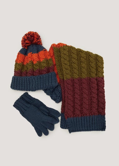 Kids 3 Piece Stripe Knitted Hat Scarf & Gloves Set (7-13yrs)