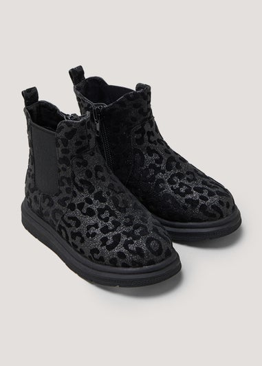 Girls Black Leopard Print Chelsea Boots (Younger 4-12)