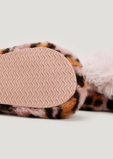 Girls Leopard Faux Fur Cross Over Slippers (Younger 10-Older 5)