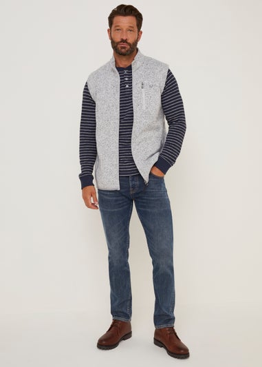 Lincoln Navy Stripe Textured Grandad Collar T-Shirt