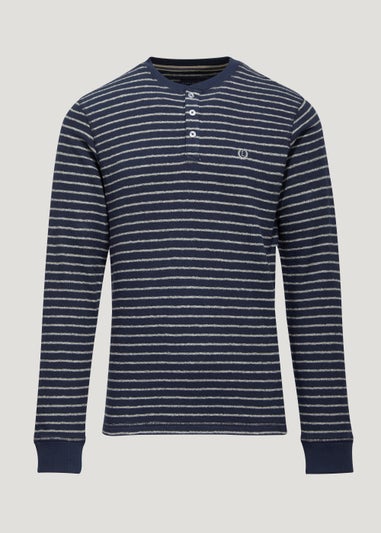 Lincoln Navy Stripe Textured Grandad Collar T-Shirt