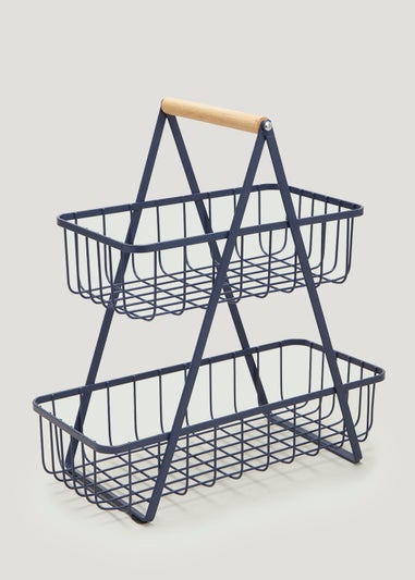 Navy Wire Two Tier Storage Basket (48cm x 35cm x 17cm)