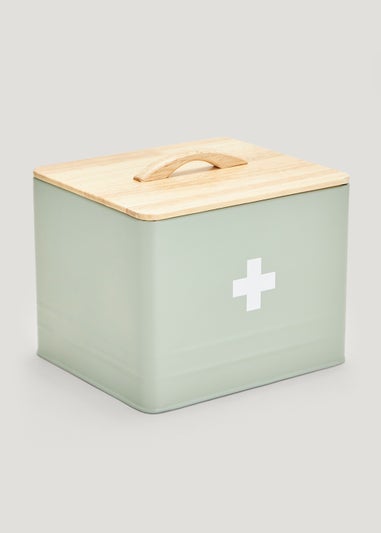 Green Medical Tin With Wooden Lid (13.5cm x 15.5cm x 18cm)