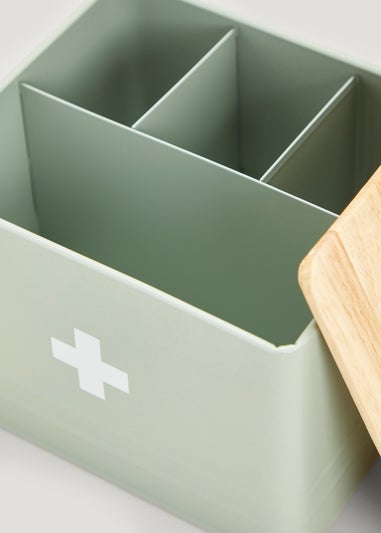 Green Medical Tin With Wooden Lid (13.5cm x 15.5cm x 18cm)