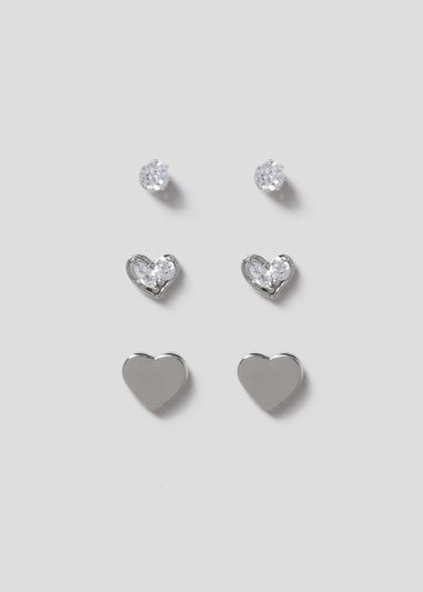 3 Pack Clear Cubic Zirconia Heart Stud Earrings