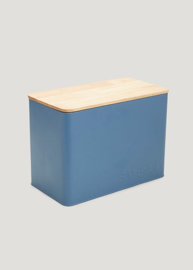 Blue Metal Lidded Bamboo Bread Bin (33cm x 24cm)