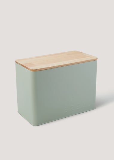 Green Metal Lidded Bamboo Bread Bin (33cm x 24cm x 17.5cm)