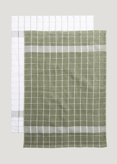 2 Pack Green Check Jumbo Terry Tea Towels (50cm x 70cm)