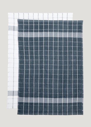 2 Pack Blue Check Jumbo Terry Tea Towels (50cm x 70cm)