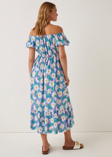 Blue Floral Bardot Midi Dress