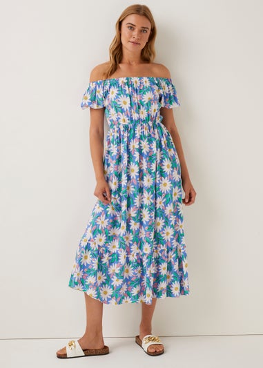 Blue Floral Bardot Midi Dress