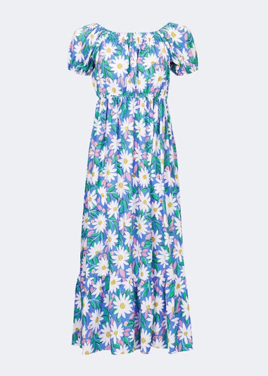 Blue Floral Bardot Midi Dress