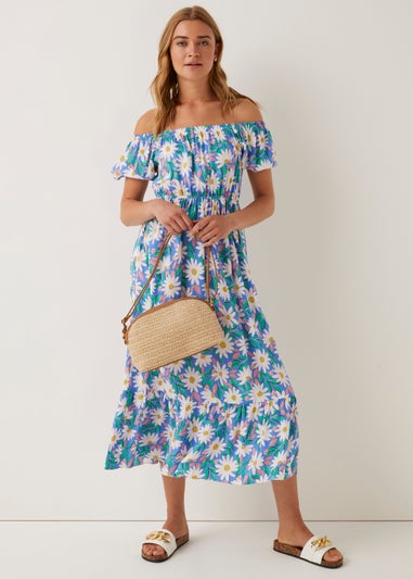 Blue Floral Bardot Midi Dress