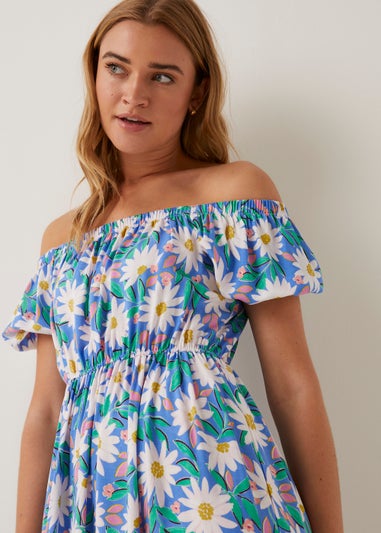 Blue Floral Bardot Midi Dress