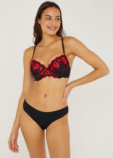 Black & Red Floral Embroidered Bra