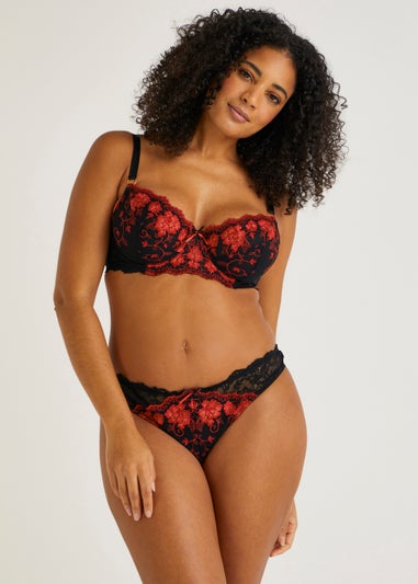 Black & Red Floral Embroidered Knickers