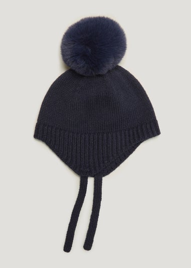 Navy Pom Pom Baby Trapper Hat (Newborn-24mths)