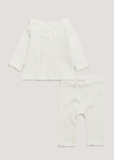 Baby Cream Frill Ribbed Lounge Set (Newborn-23mths)