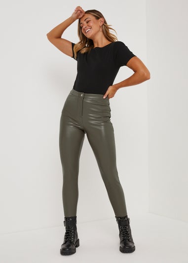 Jessie Khaki PU High Waisted Trousers