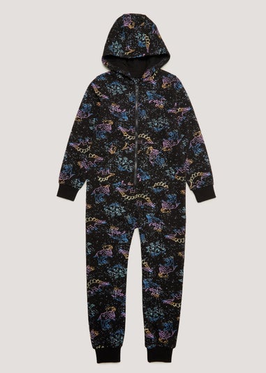 Boys Black Neon Dinosaur Onesie (4-13yrs)