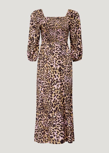 Pink Animal Print Shirred Midi Dress