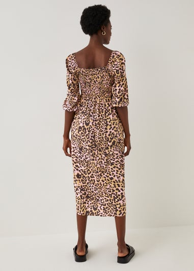 Pink Animal Print Shirred Midi Dress